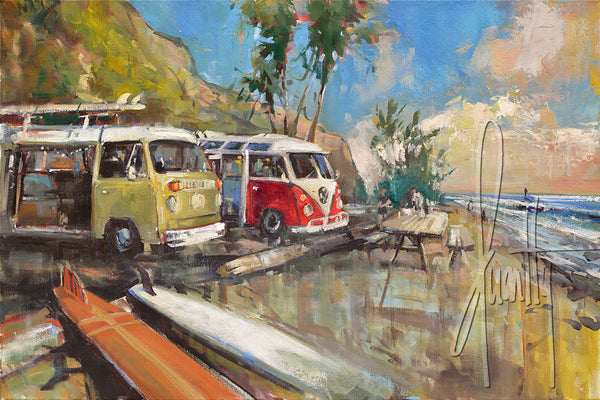 A Classic Day by Steven Quartly features two Volkswagen buses on the coast.