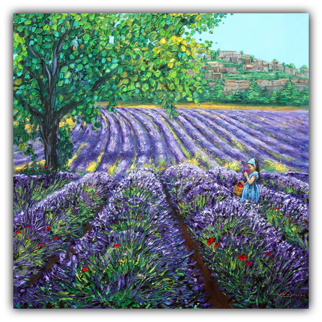 Scent of Provence limited edition giclée on canvas by Jennifer Vranes featuring lavender fields, a hillside village, and a figure in a blue dress under a bright sky.