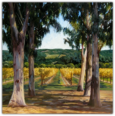 Afternoon Sun by Susan Hoehn features a Napa Valley vineyard in fall and eucalyptus trees.