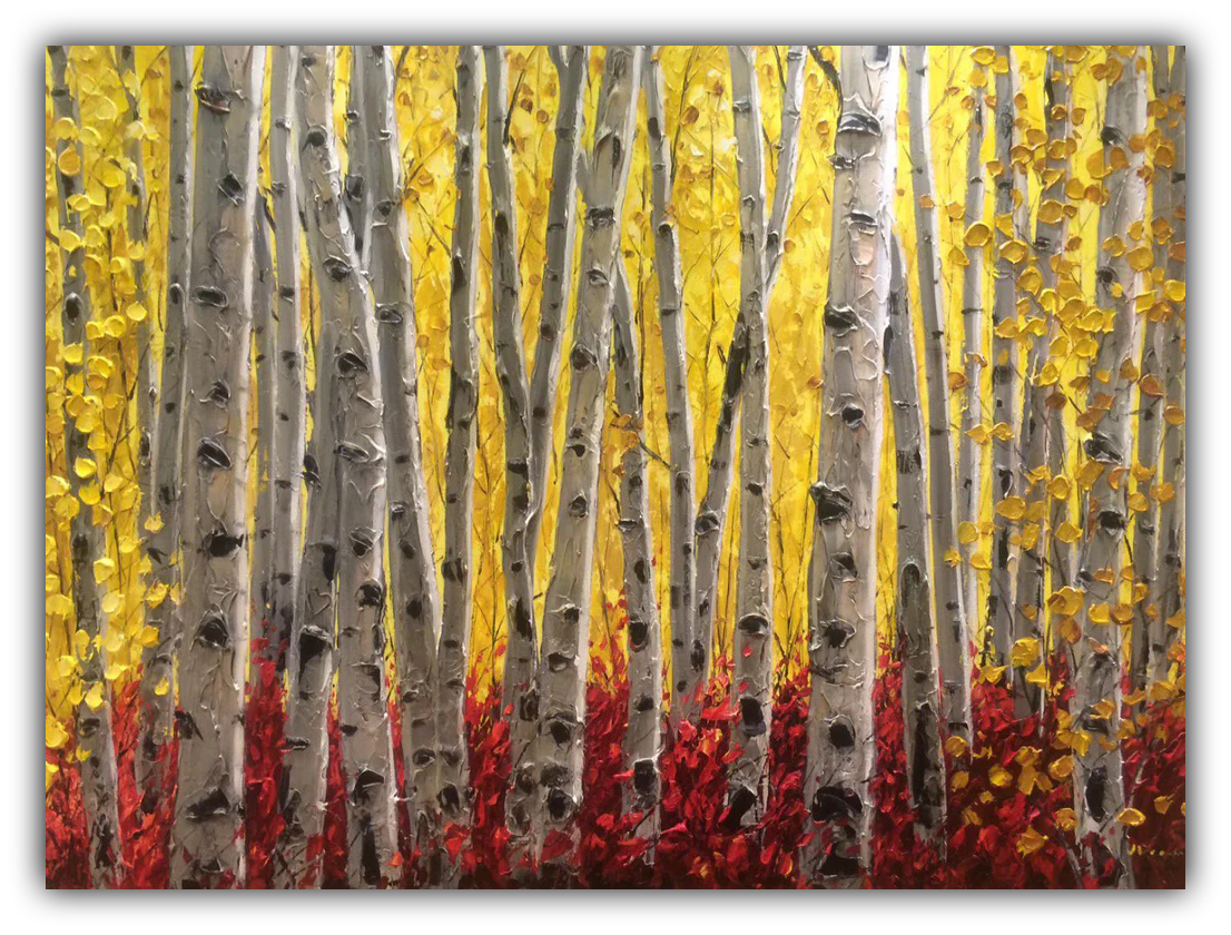 Aspen Sunshine limited edition giclée on canvas by Jennifer Vranes featuring a golden aspen forest with textured white trunks, yellow leaves, and a deep red forest floor.