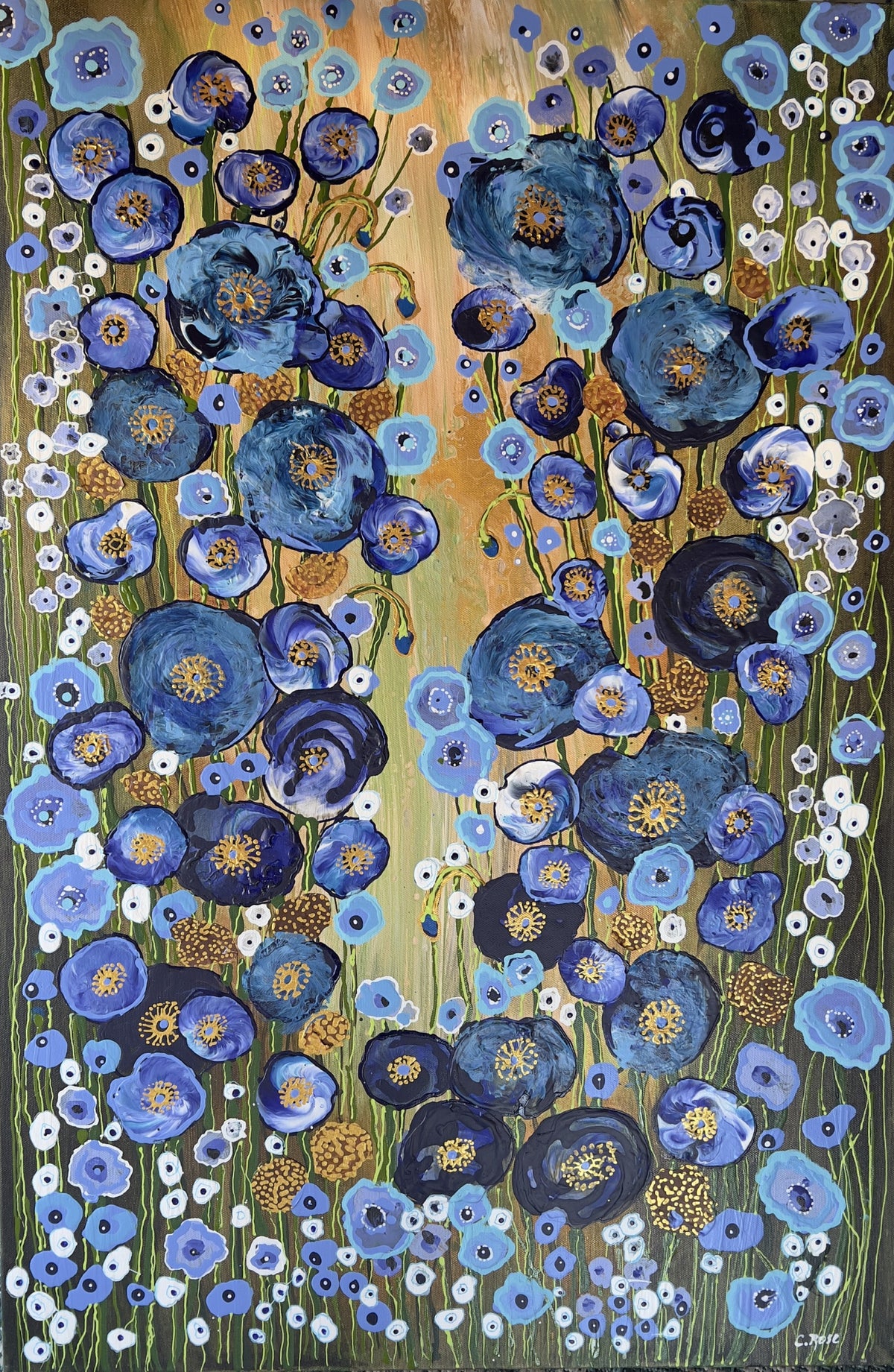 Blue Poppies — Homage to Gustav Klimt — 36" × 24" Original by Charlotte Rose (Gail Chandler)
