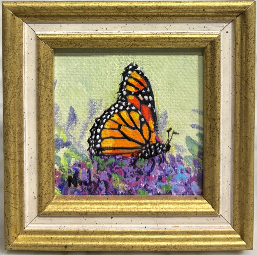 Butterfly miniature original acrylic painting by Karen Neely (#2M29), 2x2", featuring a monarch butterfly with purple wildflowers, framed in gold Italian moulding (framed size ~3x3").