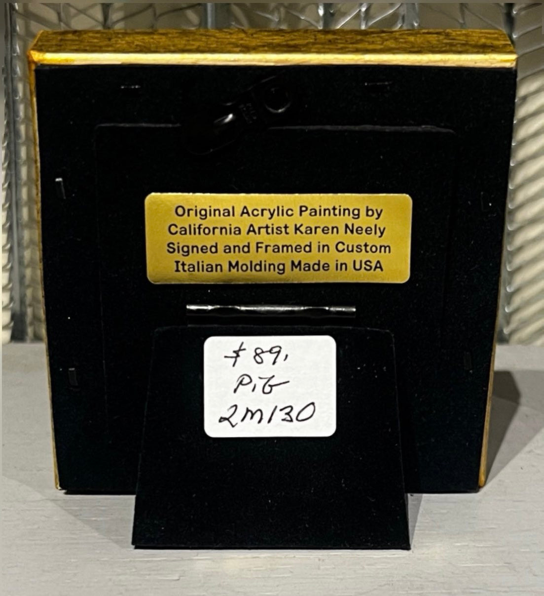 Pig miniature original acrylic painting by Karen Neely, framed in custom Italian molding, warm field background, 3x3 inches overall