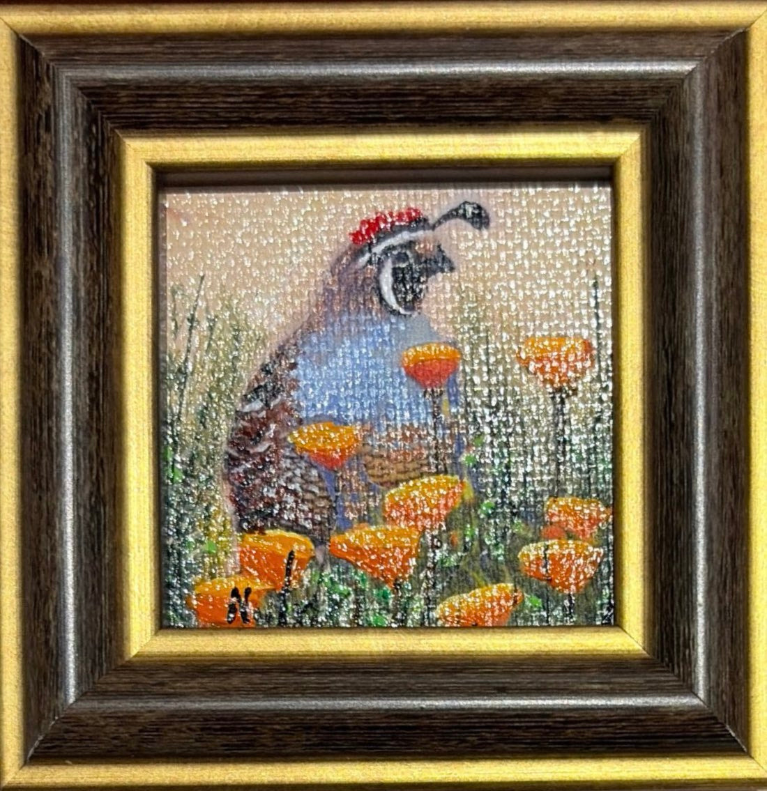 Karen Neely original miniature acrylic painting titled Quail featuring a California quail among orange poppies and wild grasses, framed in custom Italian moulding.