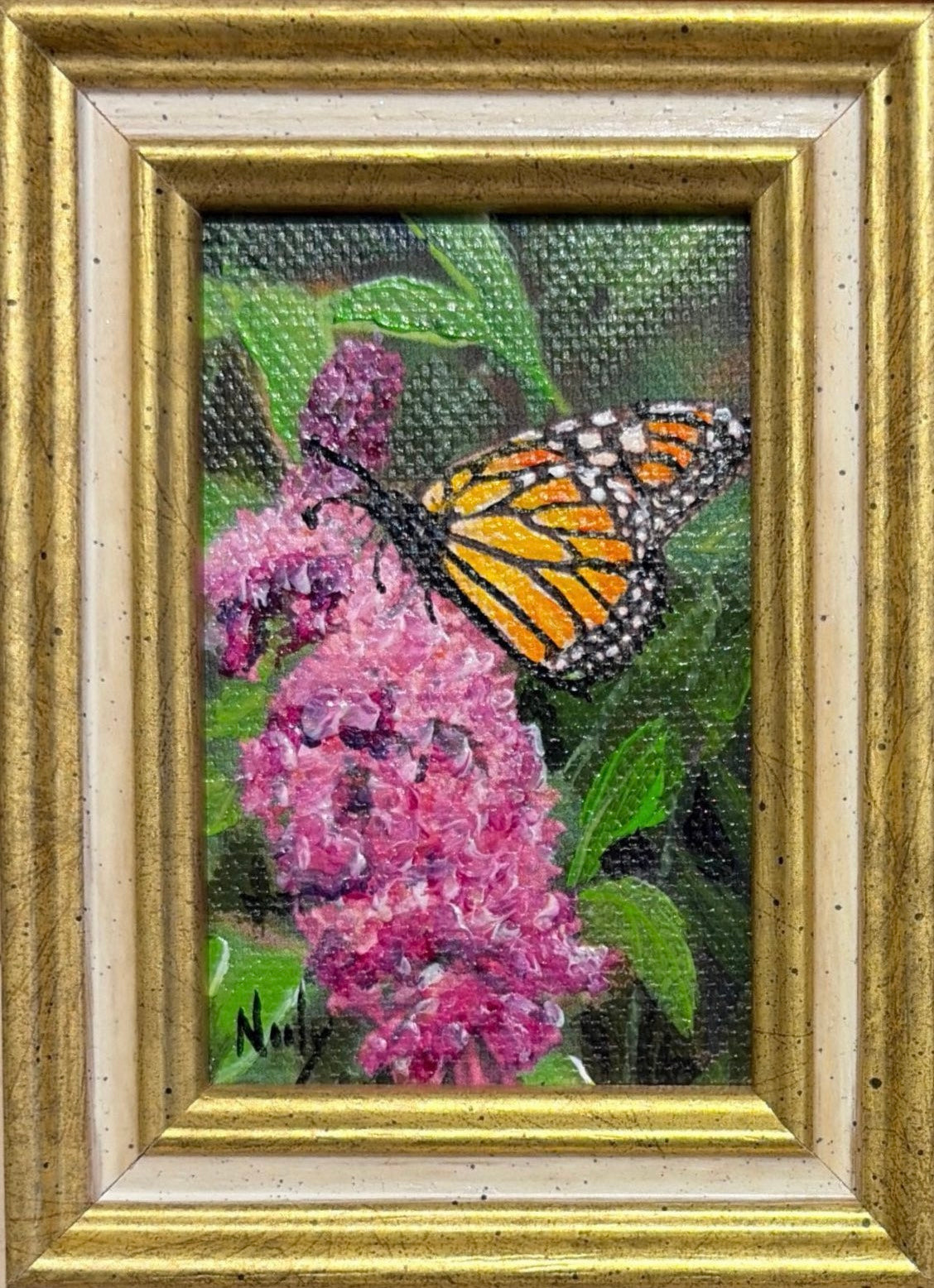Karen Neely original miniature acrylic painting titled Butterfly featuring a Monarch butterfly resting on vibrant pink blossoms, framed in custom Italian moulding.