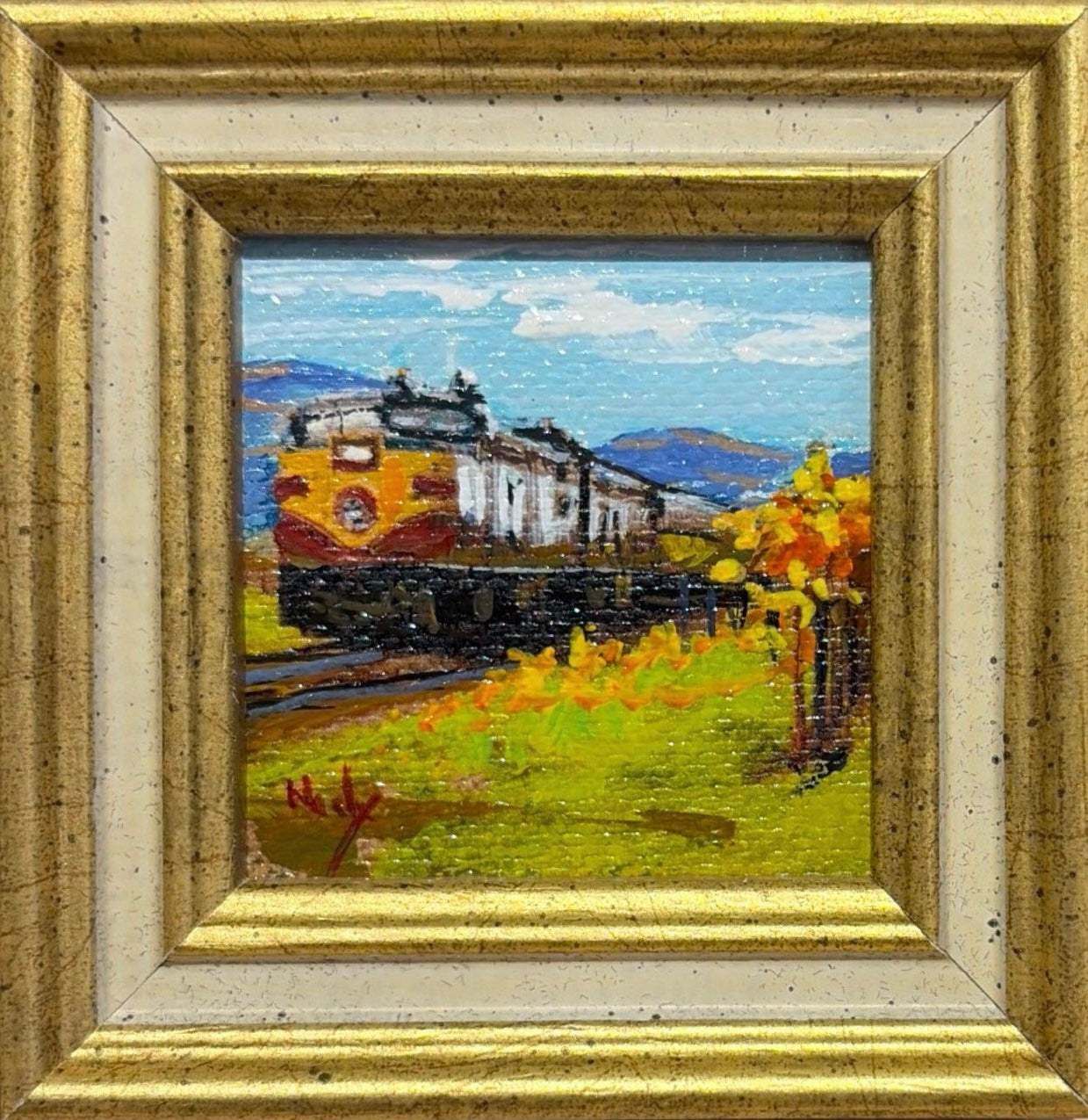 Karen Neely original miniature acrylic painting titled Wine Train featuring the Napa Valley Wine Train traveling through vineyards and rolling hills, framed in custom Italian moulding.