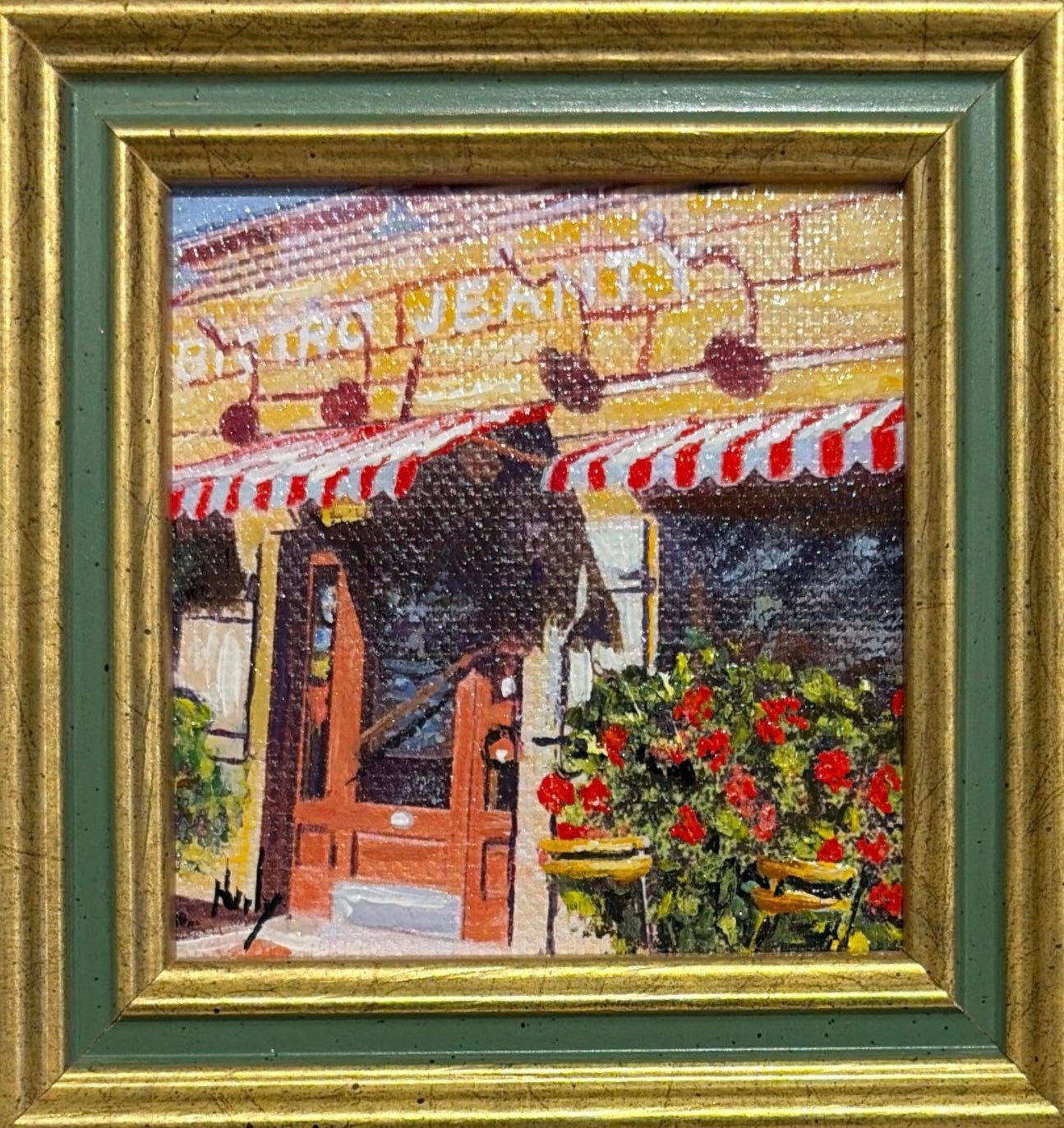 Karen Neely original miniature acrylic painting titled Bistro Jeanty featuring the iconic Yountville restaurant with striped awnings, flowers, and outdoor dining, framed in custom Italian moulding.