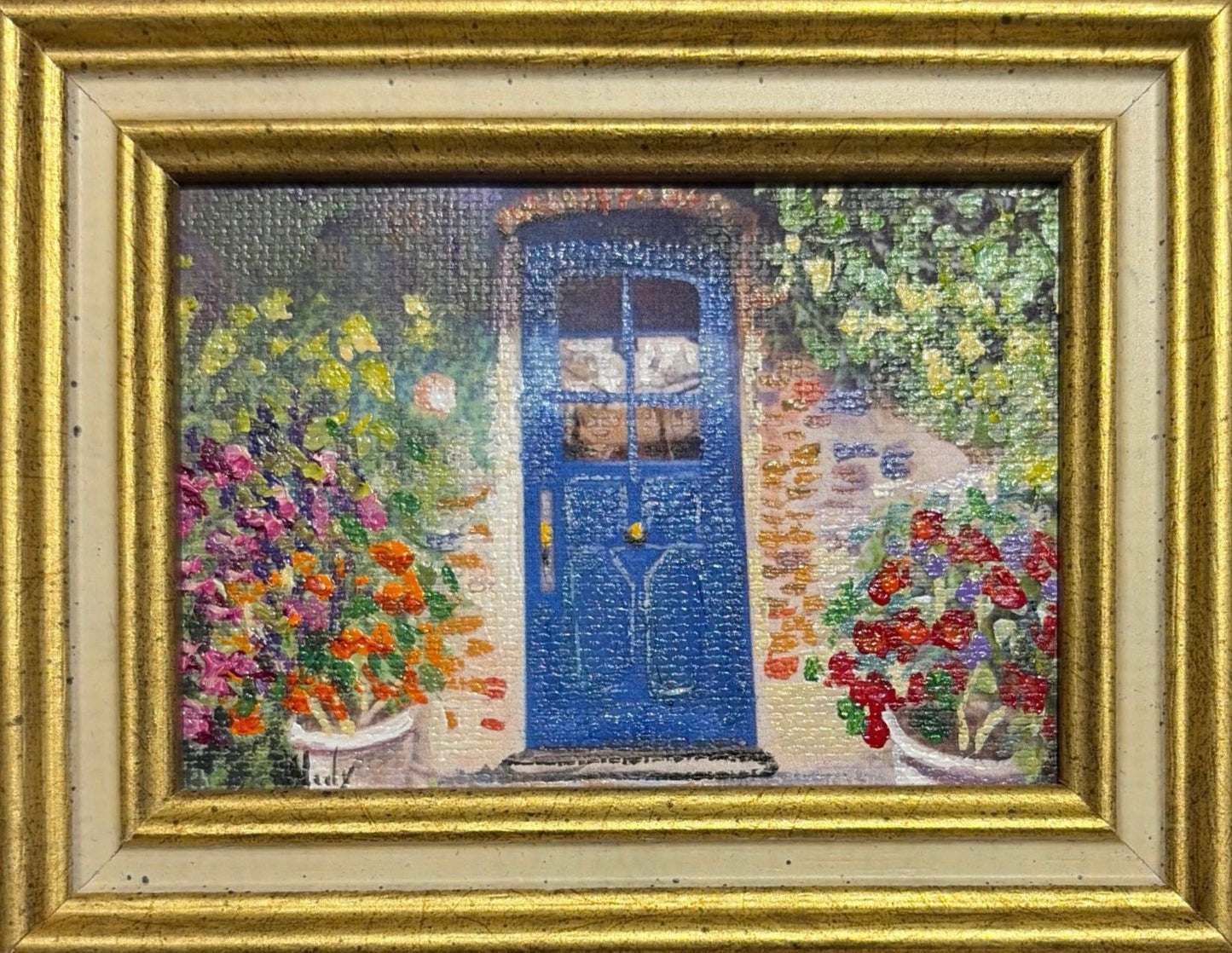Blue Door (French Laundry) original acrylic painting by Karen Neely featuring the iconic blue entrance surrounded by colorful gardens, custom framed in an Italian gold moulding.