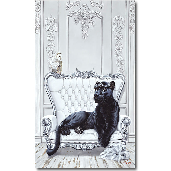 Pete Tillack Embrace the Shadows black panther in aviator goggles lounging in an ornate white chair with an owl, original oil painting.