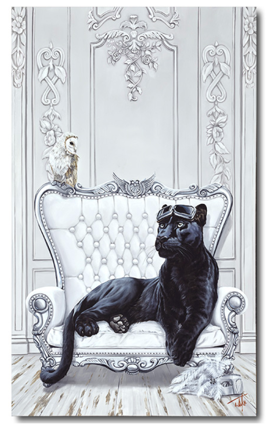 Pete Tillack Embrace the Shadows black panther in aviator goggles lounging in an ornate white chair with an owl, original oil painting.