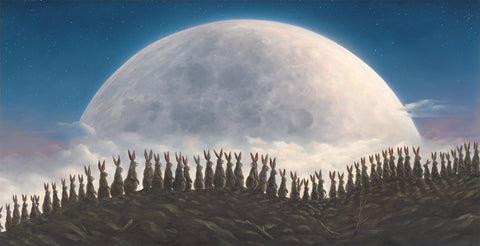 Moonwalkers by Robert Bissell features bunny rabbits walking in front of a full moon.