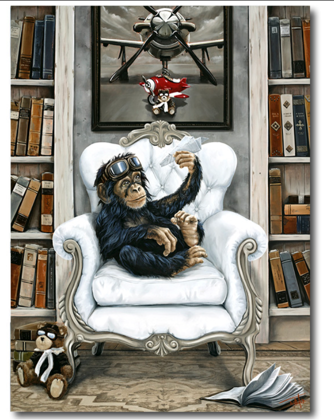 Pete Tillack Self Published chimpanzee in aviator goggles seated in a white chair with books, paper airplane, and aviation artwork.