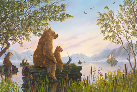 The Crossing oil painting by Robert Bissell features a bears crossing the waters by riding logs.