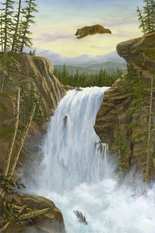 The Leap oil painting by Robert Bissell features a bear taking a leap of faith over a waterfall.