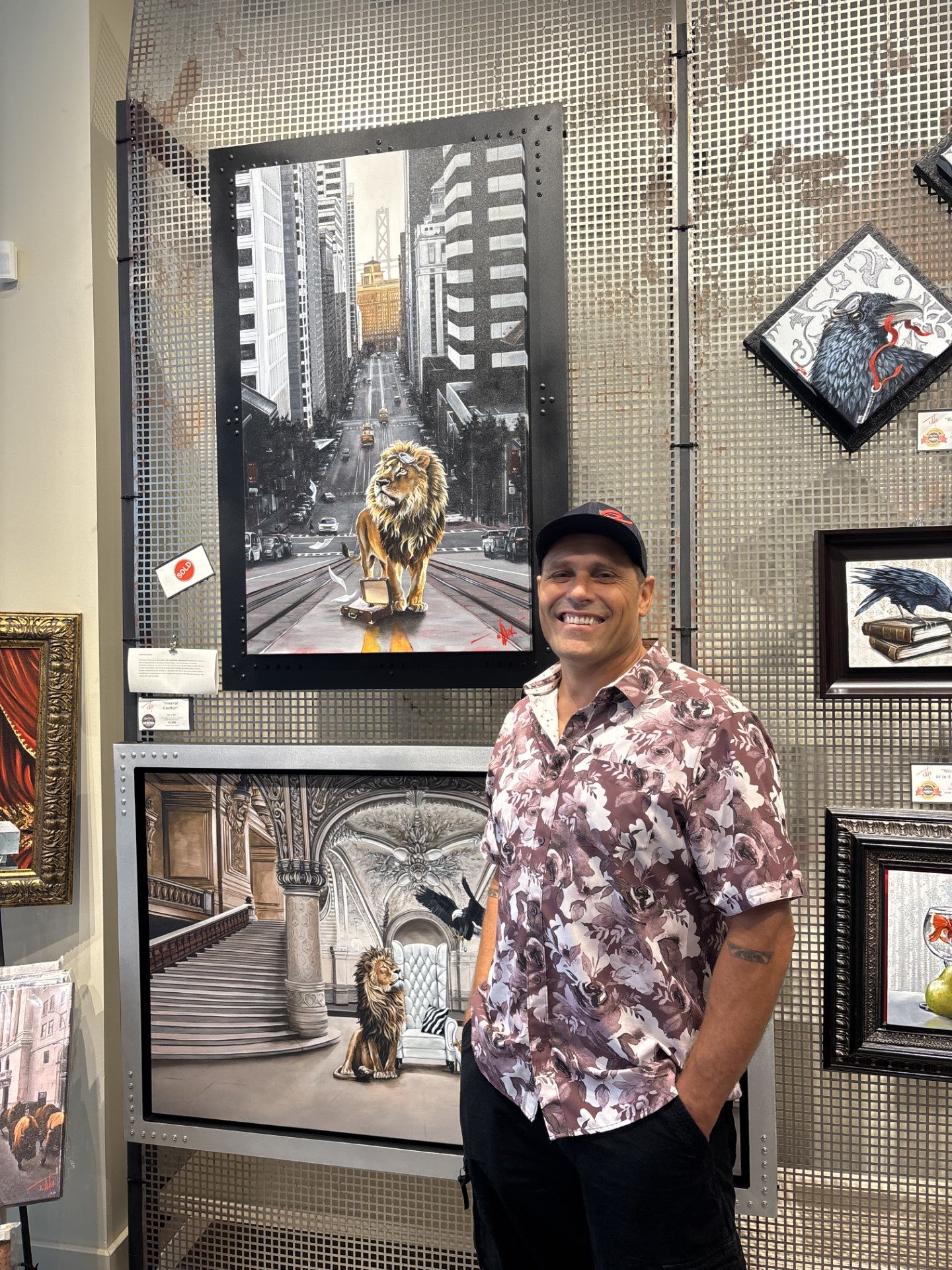 Artist Pete Tillack Standing next to The Line original oil painting at Gallery 1870 Napa
