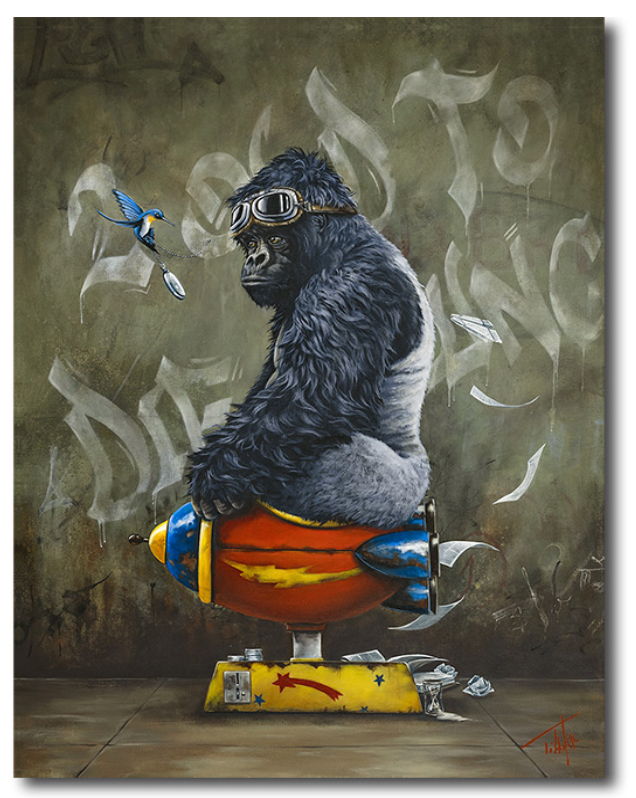 Pete Tillack Time – 2 Old to Die Young gorilla in aviator goggles sitting on a vintage rocket ride with hummingbird, original oil painting.