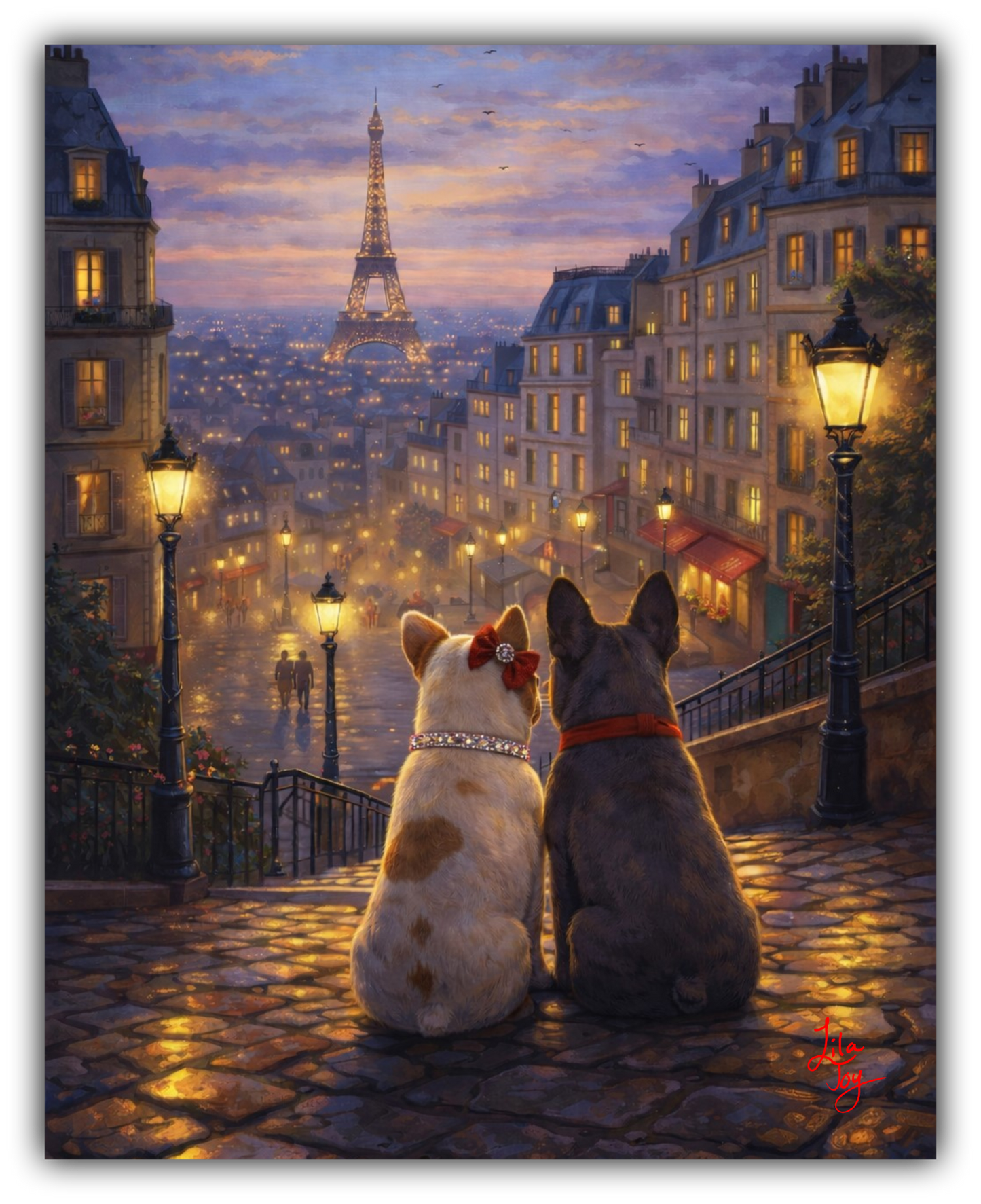 Two dogs sitting on a Parisian street at night with the Eiffel Tower in the background.