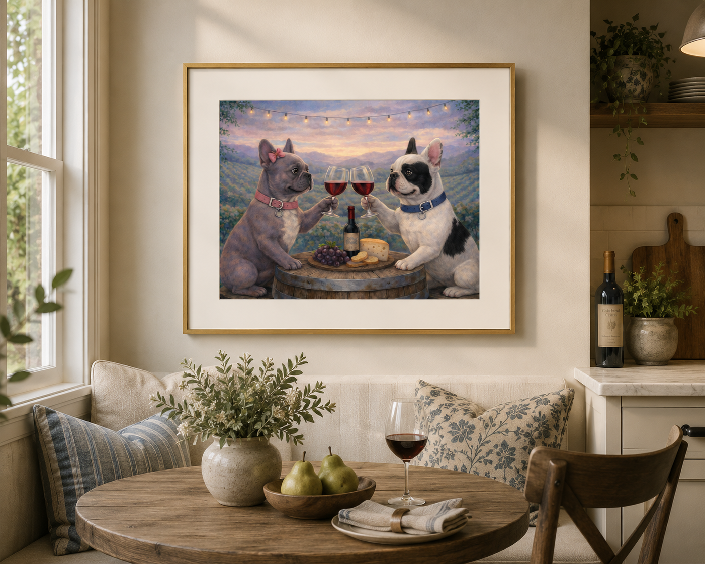Frenchie Toast framed fine art print by Lila Joy displayed with a mat in an elegant kitchen and dining space.