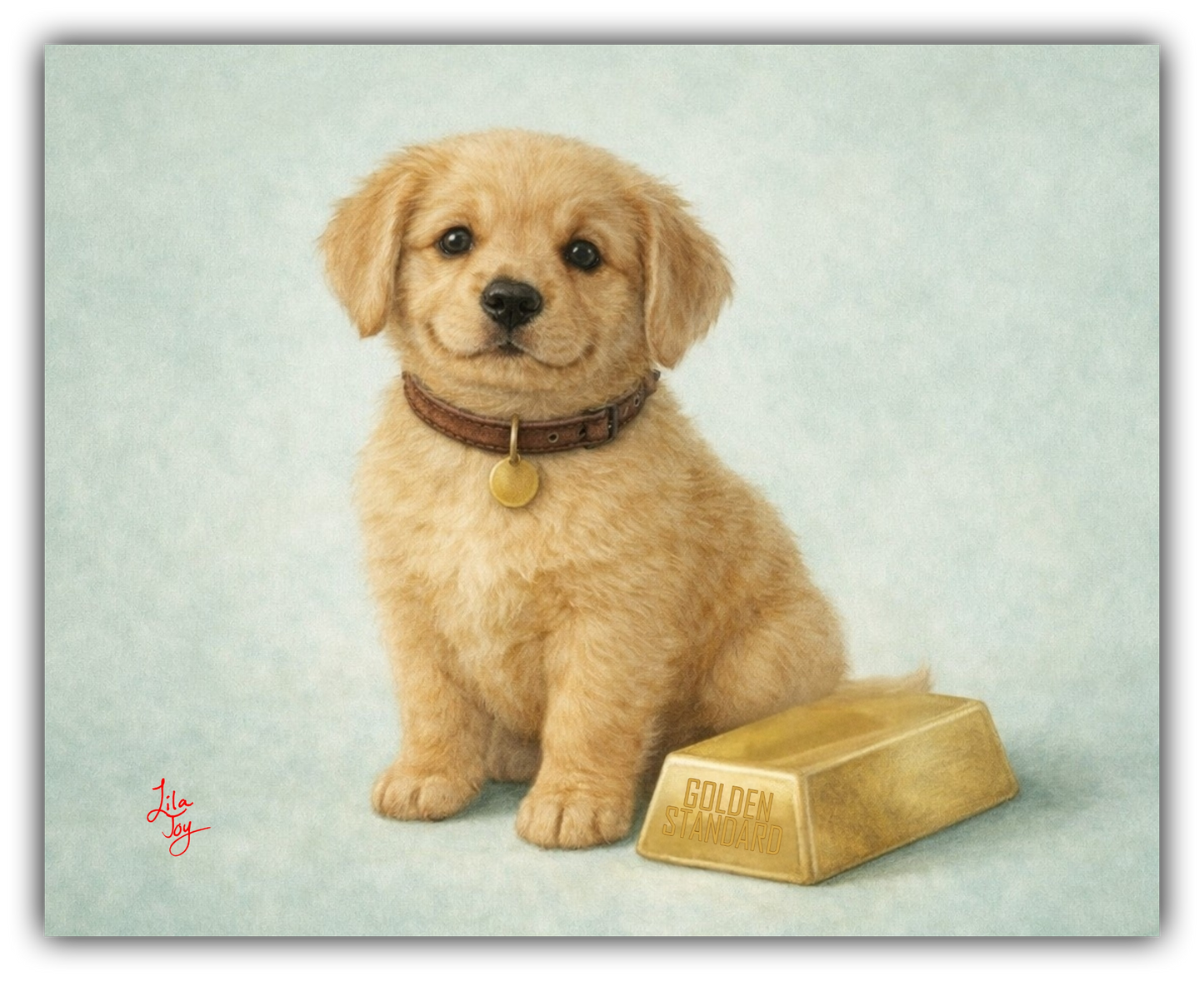Golden retriever puppy sitting beside a gold bar labeled golden standard on a soft sage background