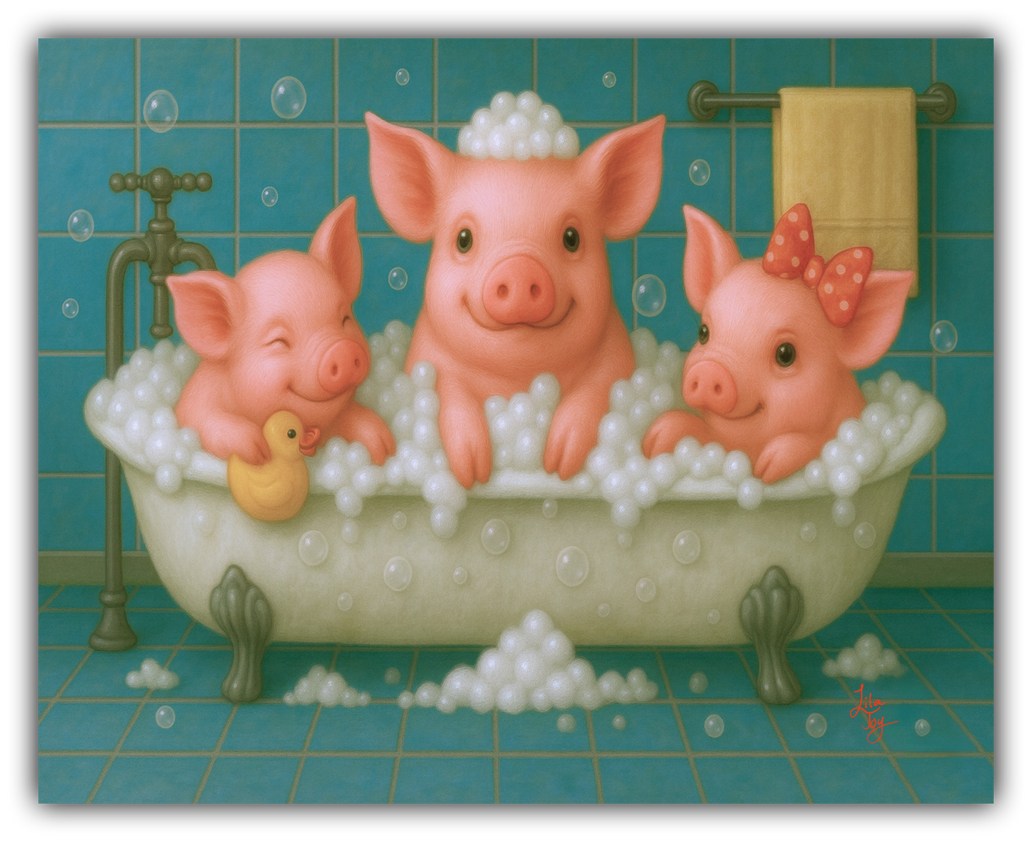 Three pink piglets smiling in a bubble bath tub with rubber duck and teal tile background