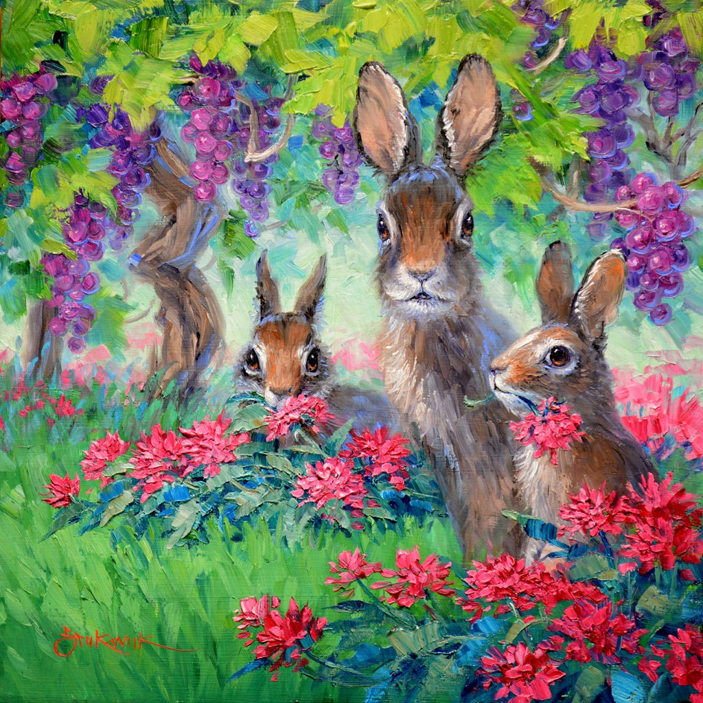 Oil painting by Mikki Senkarik of 3 bunnies amongst the wine country vines.