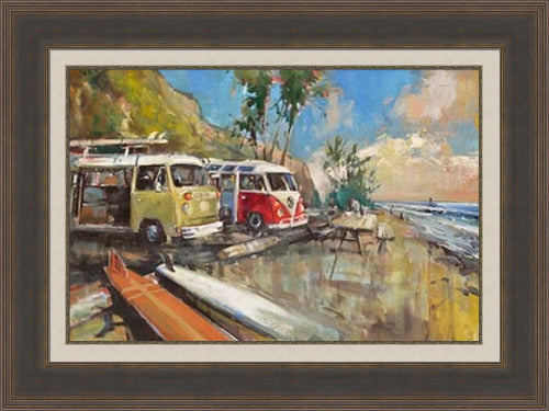 A Classic Day by Steven Quartly features two Volkswagen buses on the coast.
