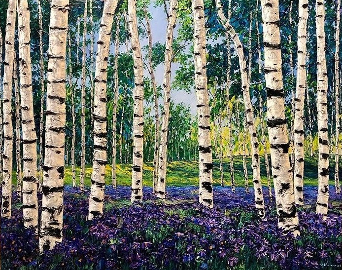 Meadow Song original acrylic painting by Jennifer Vranes featuring textured white aspens and birch trees surrounded by a spring meadow of lush green grass and purple flowers.