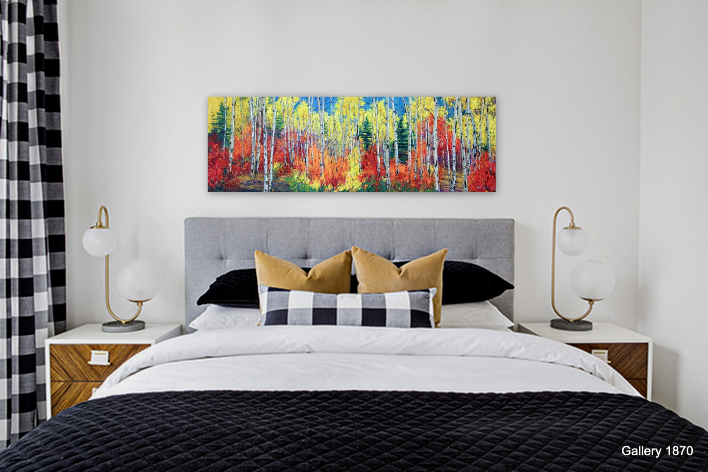 Fall Sensation limited edition giclée on canvas by Jennifer Vranes featuring a panoramic forest of golden aspens and fiery red foliage under a clear blue sky.