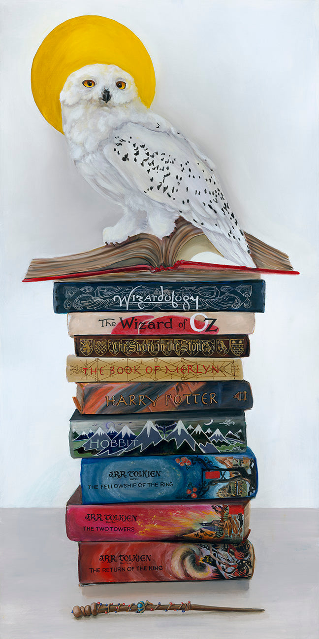 Wizardry giclée on canvas by Napa Valley artist Gail Chandler featuring snowy owl and fantasy novels – available at Gallery 1870 Fine Art Napa