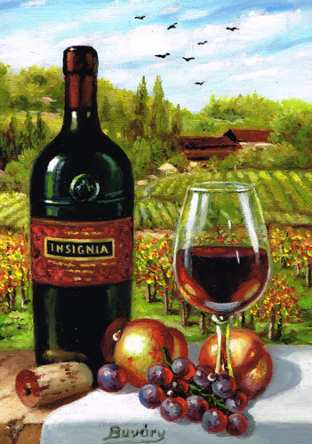 Imre Buvary art print featuring the Joseph Phelps Insignia wine bottle with the winery and vineyards in the background.