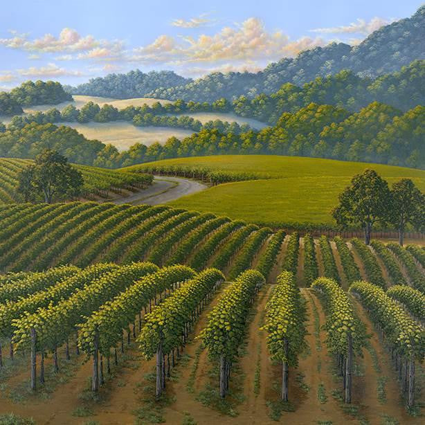 Geyser Peak original acrylic on canvas by Patrick O'Rourke.  Napa Valley vineyard painting.