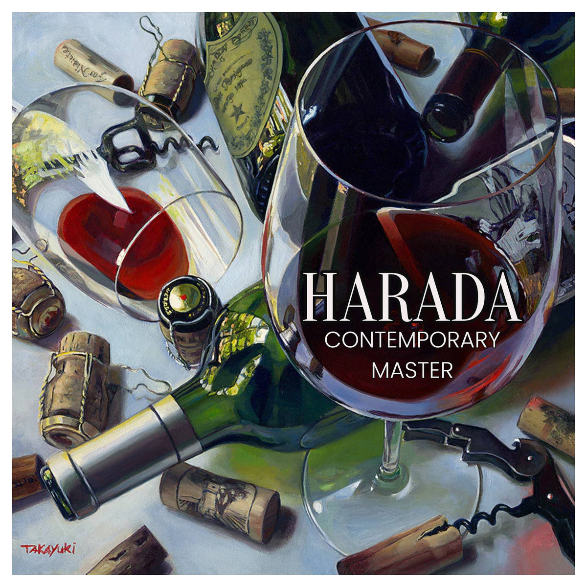 Prominent Napa Valley wine corks stained with red wine, a wax seal, and a masterfuly painted chrome corkscrew all play against one another in this delightul melange honoring many of the most loved vintages found in the Napa Valley.