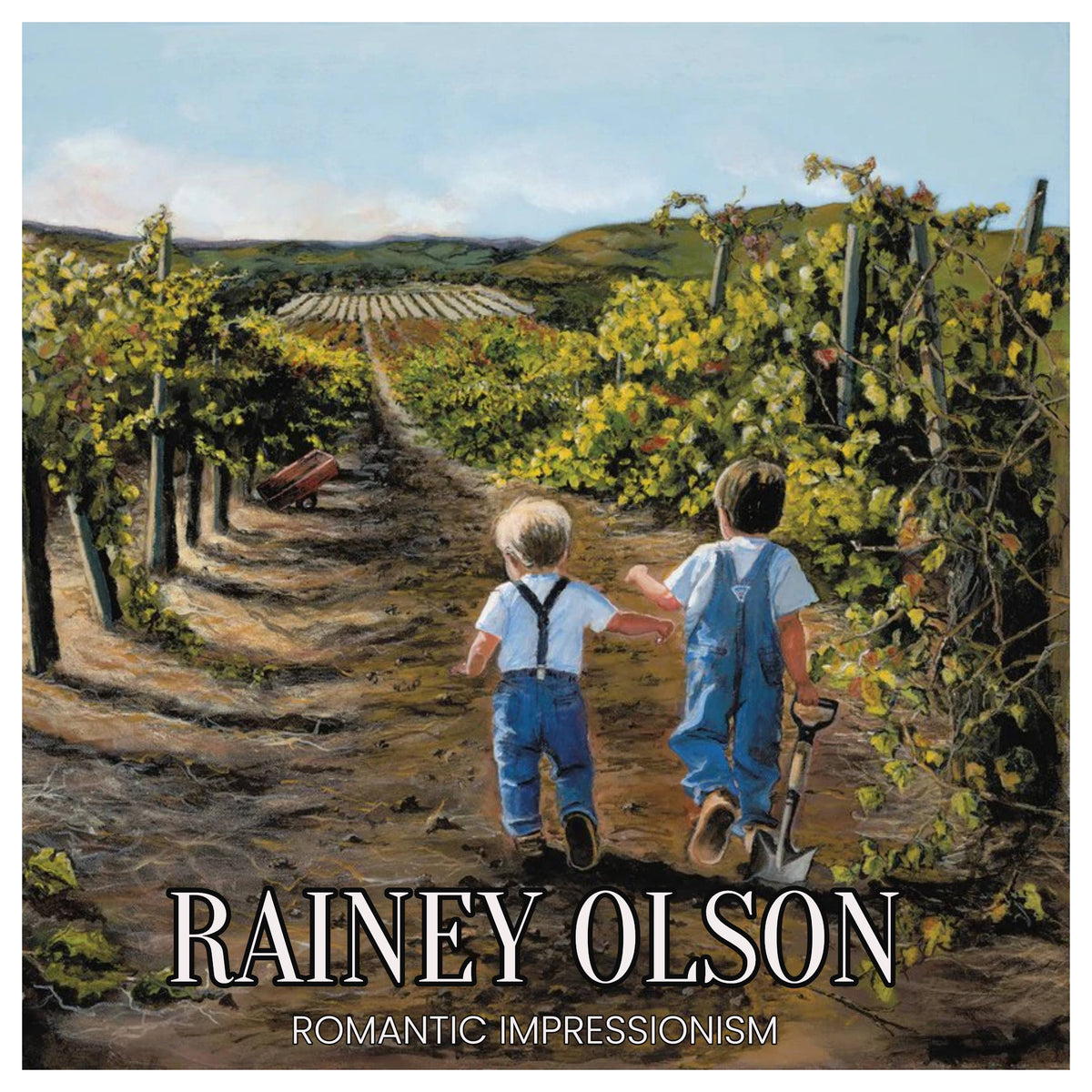 "On Their Way Home limited edition giclée on canvas by Rainey Olson featuring two boys walking through a vineyard