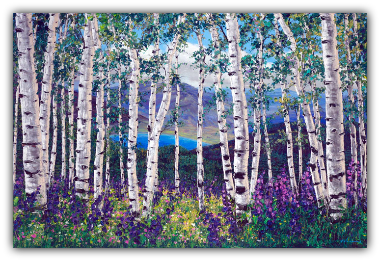 Peaceful Wonder limited edition giclée on canvas by Jennifer Vranes featuring white aspens, purple and yellow wildflowers, and distant mountains.