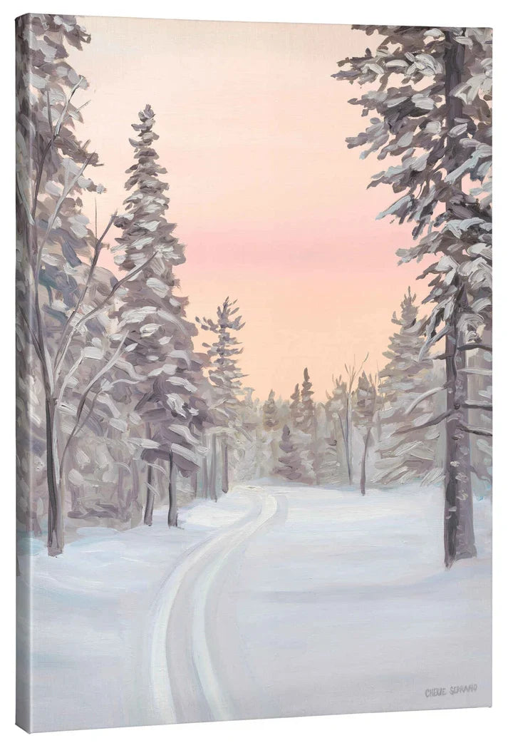 Winter Trail by Cherie Serrano, snowy woodland trail, 24 x 36 gallery wrapped canvas