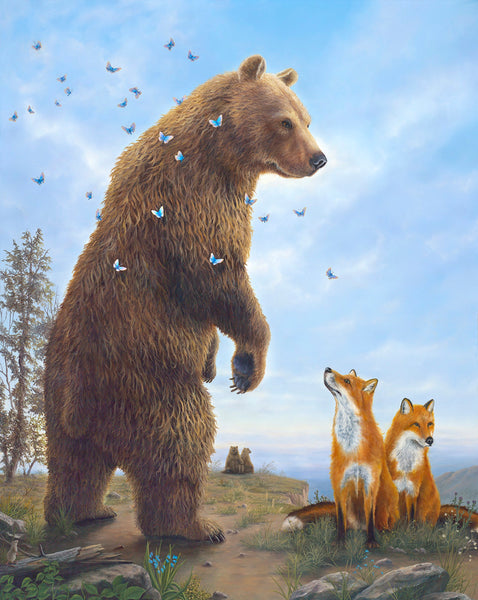 Kindred Spirits painting by Robert Bissell features a bear engaged with two foxes.