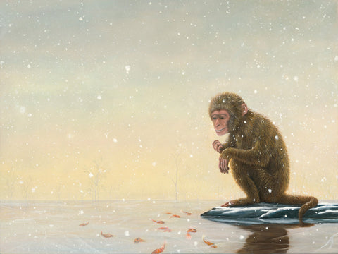 Mono No Aware oil painting by Robert Bissell features a monkey in thought and discovery.