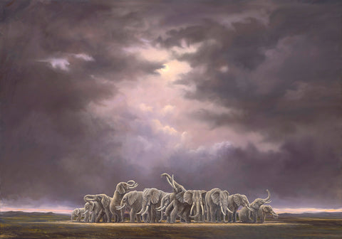 The Blessing by Robert Bissell features a herd of elephants gathering for a blessing.