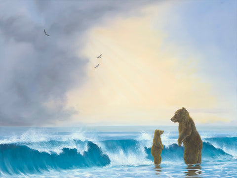 The Learner painting by Robert Bissell features a mama or papa bear with their cub in the ocean.