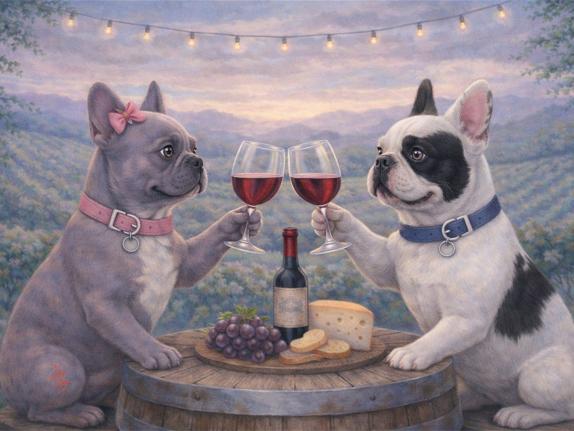 Frenchie Toast by Lila Joy featuring two French bulldogs toasting with red wine overlooking a romantic Napa Valley vineyard.