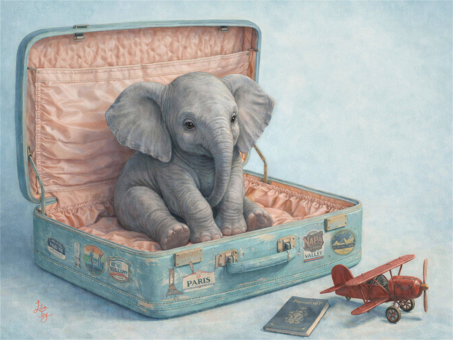 Pack-a-derm by Lila Joy featuring a baby elephant nestled inside a vintage aqua suitcase with peach satin lining, travel stickers, passport, and red toy airplane.