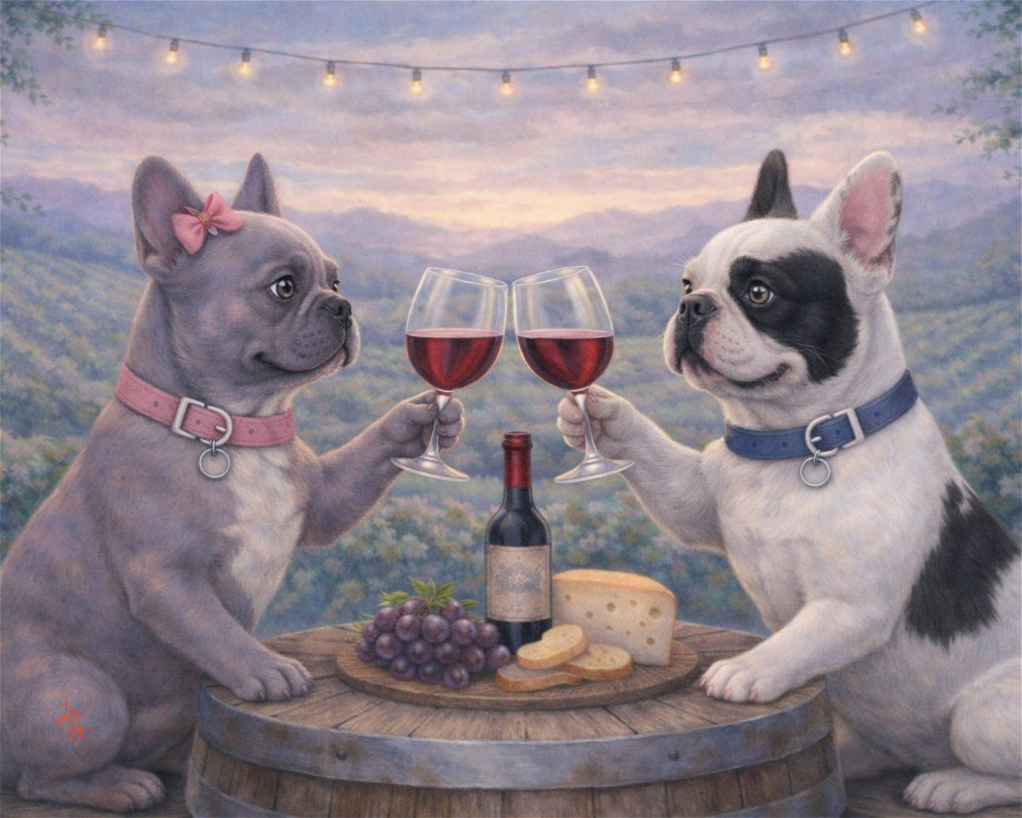 Frenchie Toast by Lila Joy, whimsical French bulldog wine art inspired by romance and Napa Valley.
