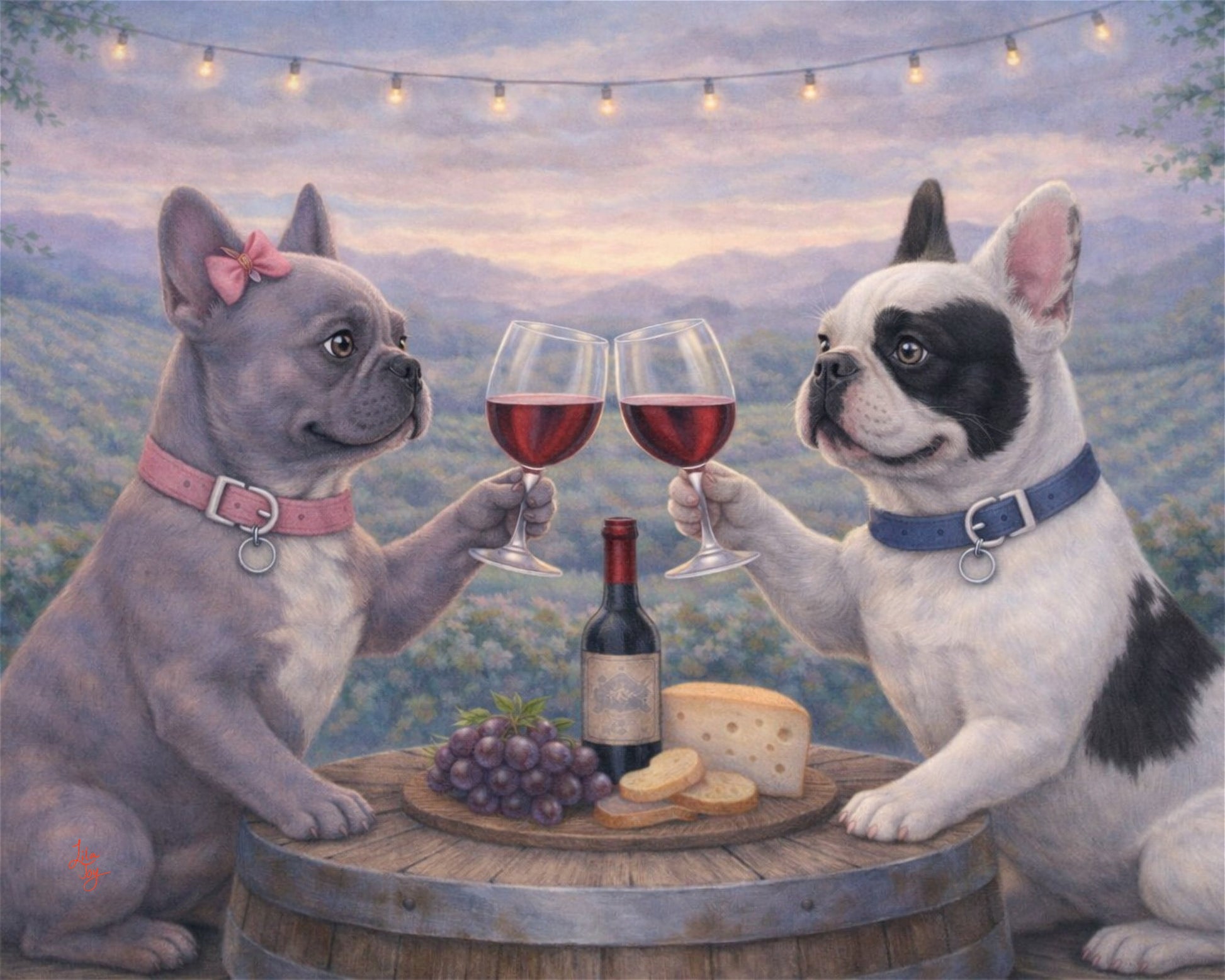 Frenchie Toast by Lila Joy, whimsical French bulldog wine art inspired by romance and Napa Valley.