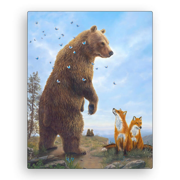 Kindred Spirits painting by Robert Bissell features a bear engaged with two foxes.