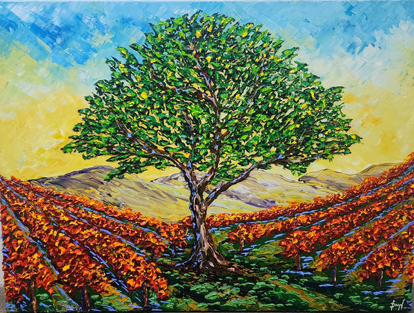 Original heavy impasto acrylic painting Vineyard of Colorful Bounty by Isabelle Dupuy featuring a vibrant vineyard with a large green tree under a golden sky.