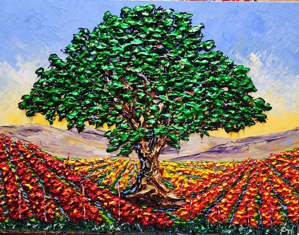 Original acrylic painting of a large tree surrounded by vibrant red and gold autumn vineyard rows with textured palette-knife impasto under a blue and golden sky.