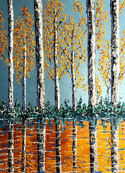Original acrylic painting of birch trees with golden autumn leaves and reflective orange water, heavy impasto texture by Isabelle Dupuy, 48x36.