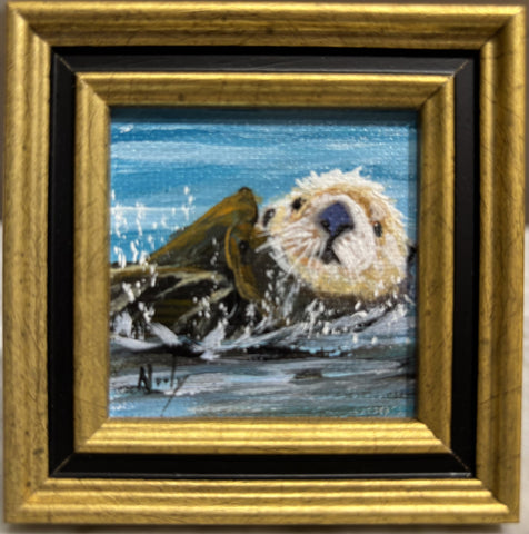 Otter miniature original acrylic painting by Karen Neely (#2M25), featuring an otter floating in blue water, framed in an imported Italian frame with easel back.