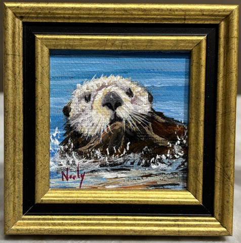 Otter miniature original acrylic painting by Karen Neely (#2M26), otter with kelp splashing in the ocean, framed in imported Italian frame with easel back.