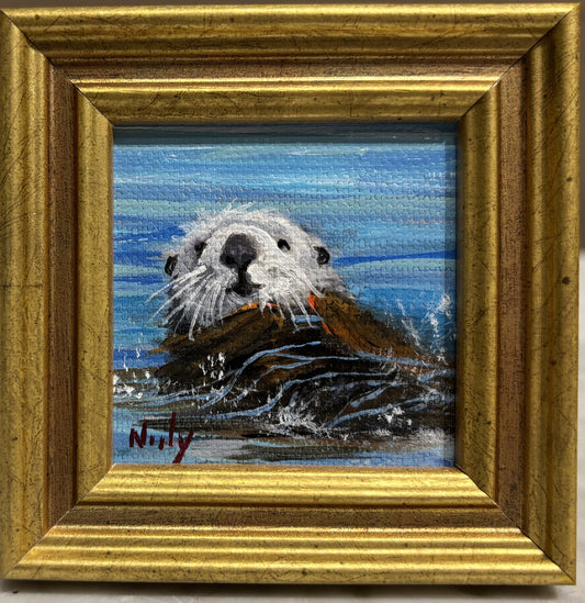 Otter miniature original acrylic painting by Karen Neely (#2M28), otter floating with kelp and splash of red detail, framed in imported Italian frame with easel back.